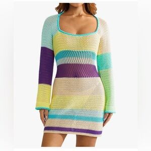 Y2K Crochet Mini Dress Cover Up Boho Festival Beach Swimwear Long Bell Sleeve XL